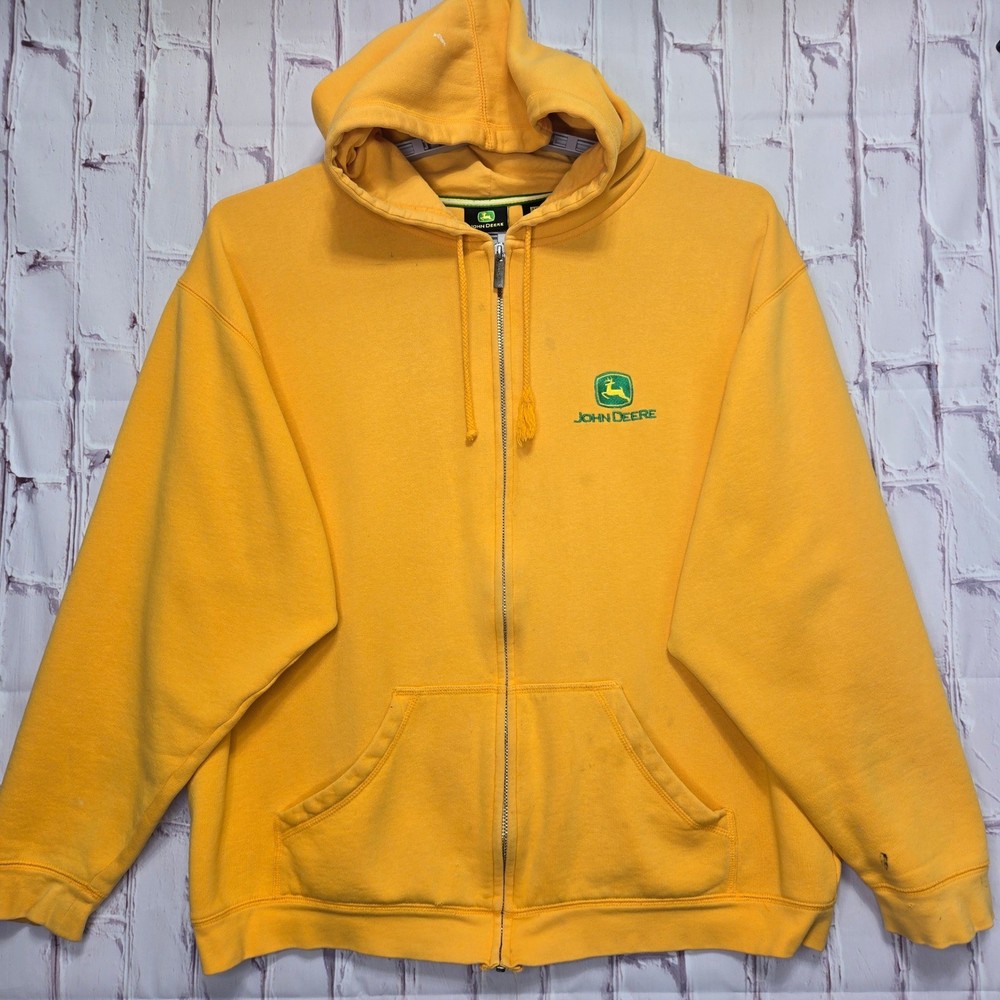 John Deere Equipment Hoodie Yellow Full Zip Embroidered Logo Distressed Mens XL