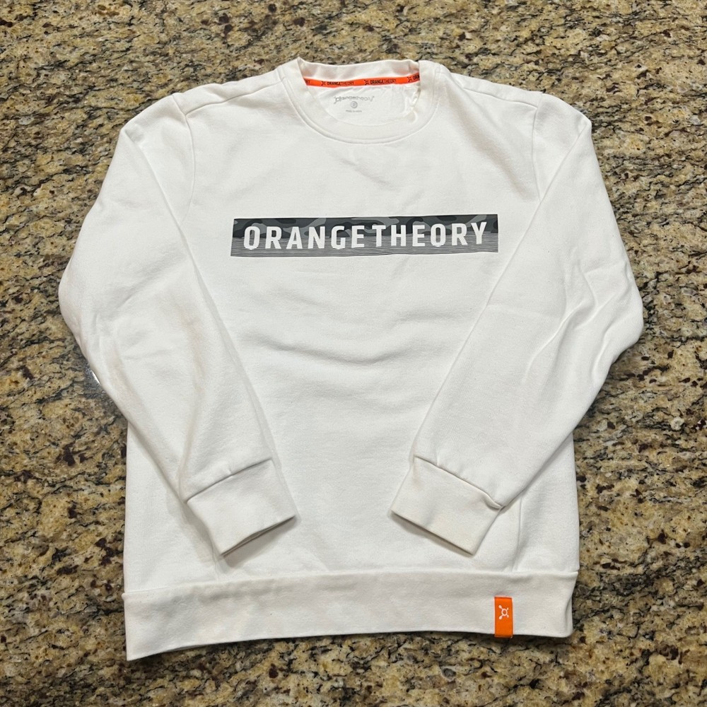 Orangetheory Fitness Mens Small White Crewneck Sweatshirt Camo Graphic Pullover