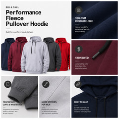 Pulse Big&Tall Best Fit Superior Fleece Hoodie Red Black Navy LT/DK Grey Maroon