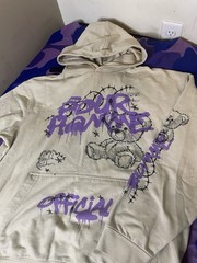 Beige & Purple Teddy Bear Graphic Pullover Hoodie M Cotton Crew Neck Pockets