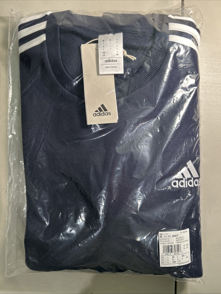 adidas Essentials Crew Mens Size Large Classic 3 Stripes Sweatshirt Legend Ink