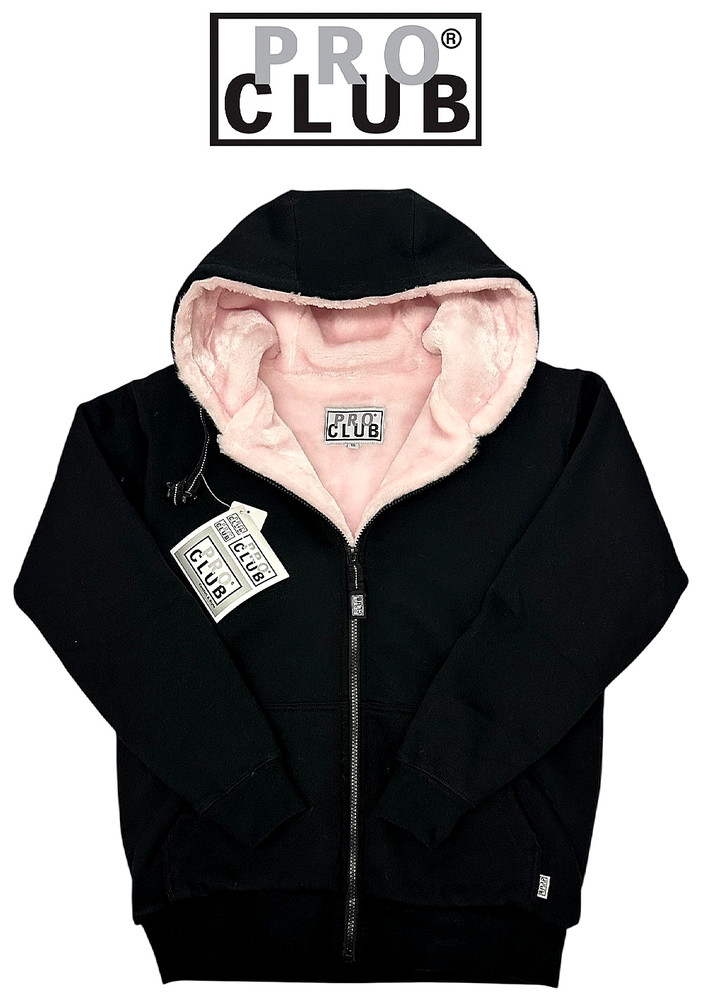 Pro Club Pile Full Zip Up Hoodie Heavyweight Fur Thick Jacket Black Pink