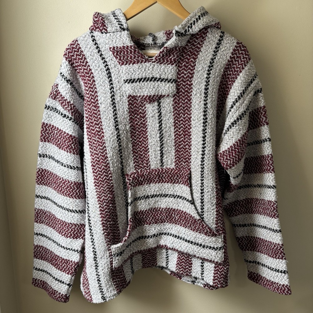 Vintage 90s Baja Boho Hoodie Men’s XXL Striped Made In Mexico Grunge Surf