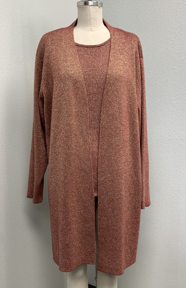 Susan Graver Sweater Duster Cardigan & Tank 2 PC Set Womens 1X Red Gold Shimmer