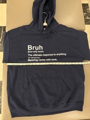 Navy Blue Fleece Pullover Hoodie Size LARGE Graphic BRUH Gildan Heavy Blend