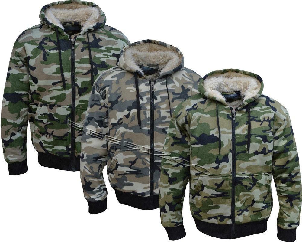 Mens Army Fur Lined Military Camo Camouflage Zip Hoodie Hooded Jacket Top M-XXXL