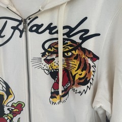 Ed Hardy Men’s Full Zip Front Hoodie Graphic Print Tiger Ivory Hood Death NWT