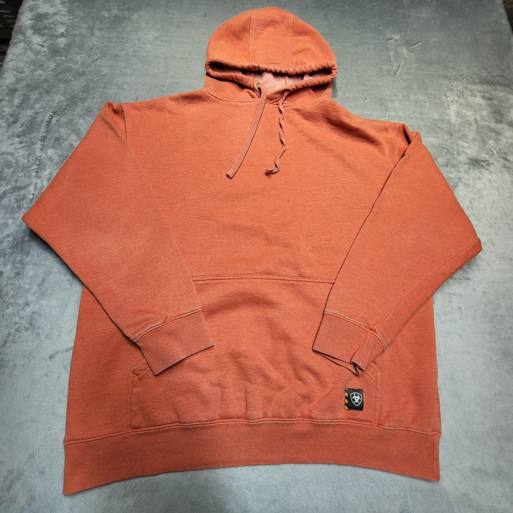 Ariat Hoodie Mens L Orange Pullover Hooded Pockets Lined Rebar Embroidered