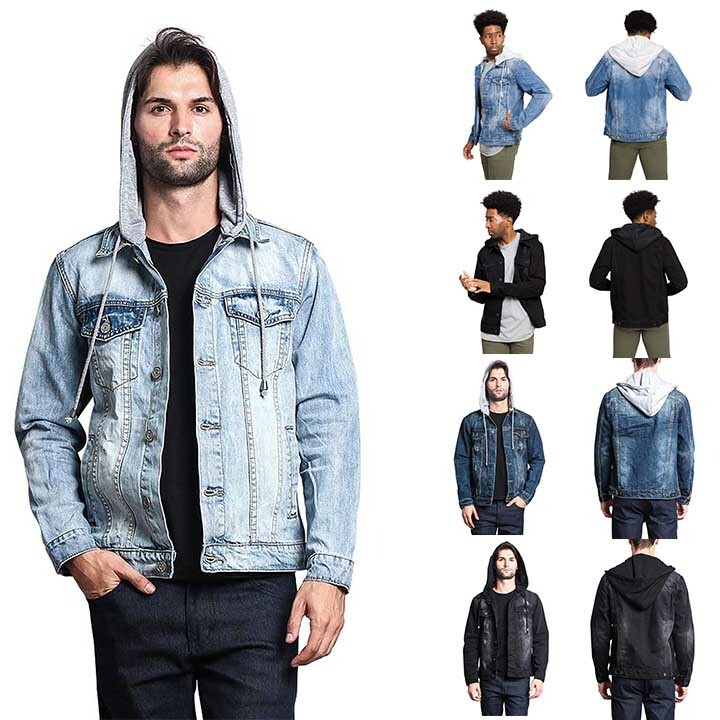 Victorious Men’s Distressed with Removable Hoody Wash Denim Jacket DK109