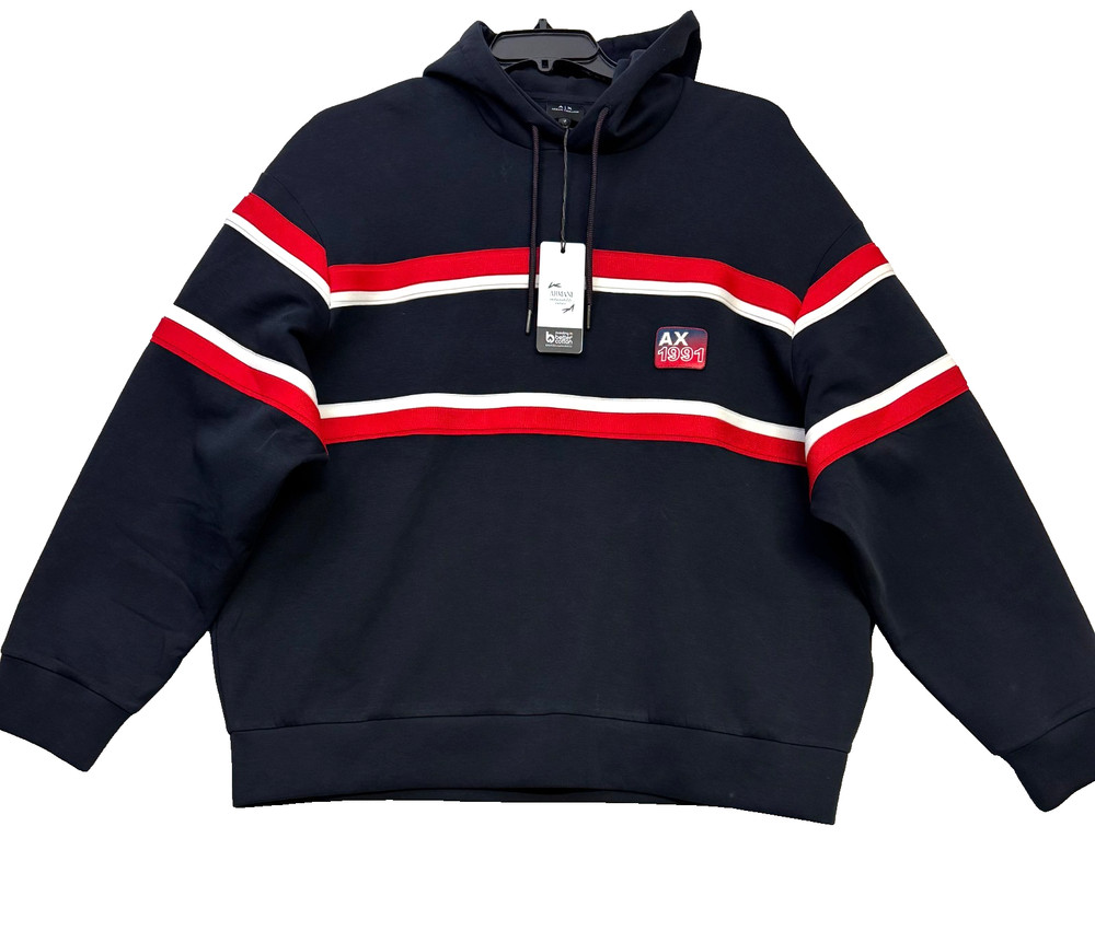 Armani Exchange Mens Pullover Hoodie Navy XL Red White Stripe AX 1991 Patch NWT