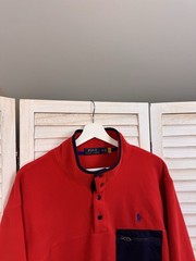Polo Ralph Lauren L Red Navy Fleece Pullover Sweatshirt Snap Mock Neck Chest Po…