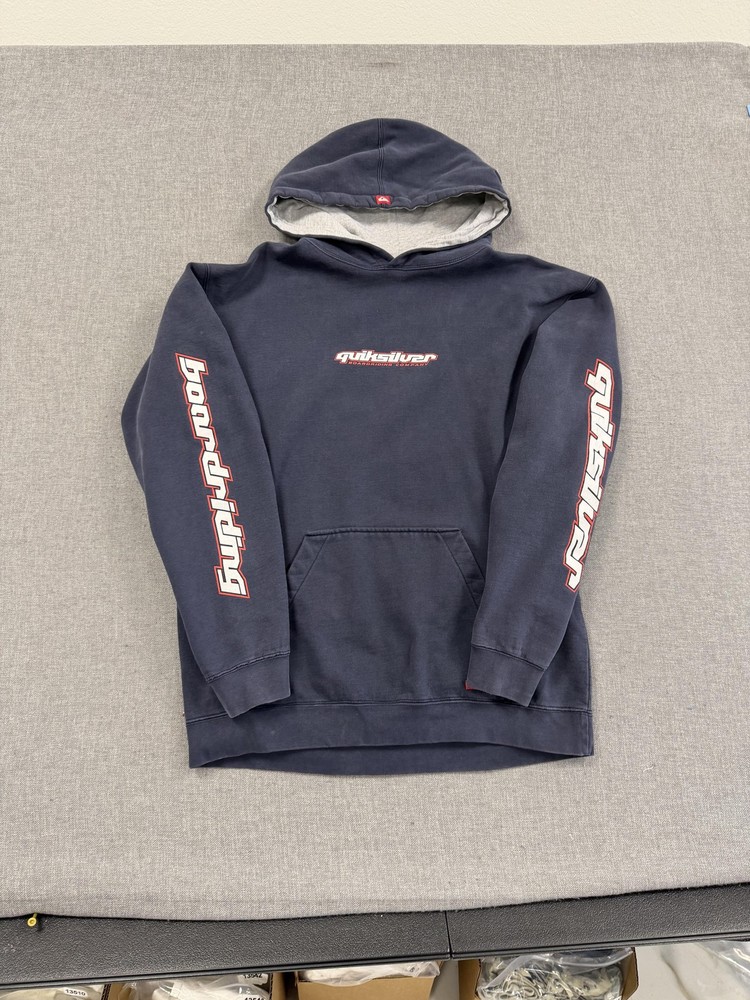 Vintage Quiksilver Hoodie Mens Medium Blue Boardriding Graphic Skate Surf