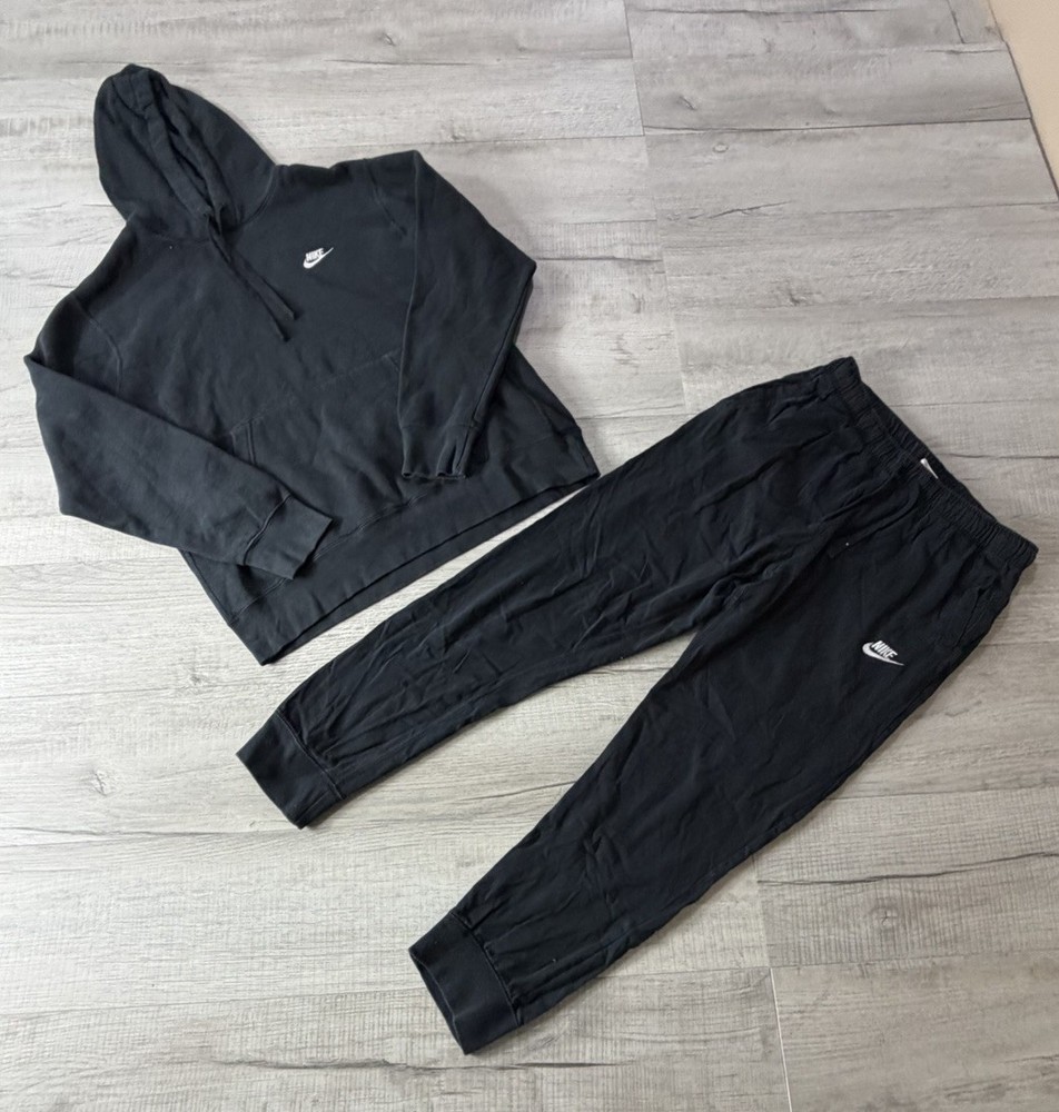 Nike Sportswear Fleece Black Sweatsuit Hoodie & Pants Joggers Set Size Large