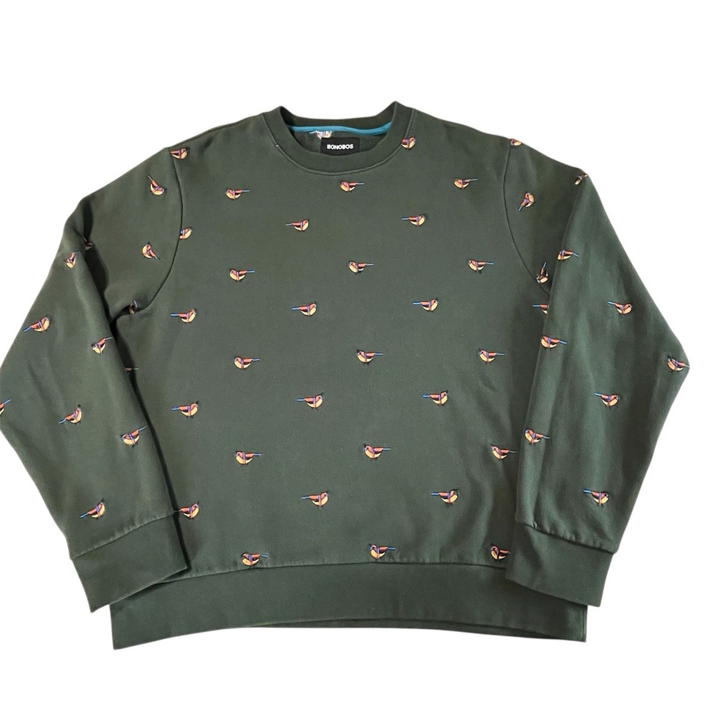 Bonobos Critter Sweatshirt All Over Bird Design Embroidered LS Crewneck Men’s L