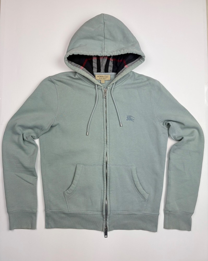 Burberry London England Vintage Full Zip Hoodie S Green Cotton Plaid Hood