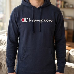 Champion Mens Navy Blue Script Logo Long Sleeve Hooded T-Shirt Jersey Hoodie