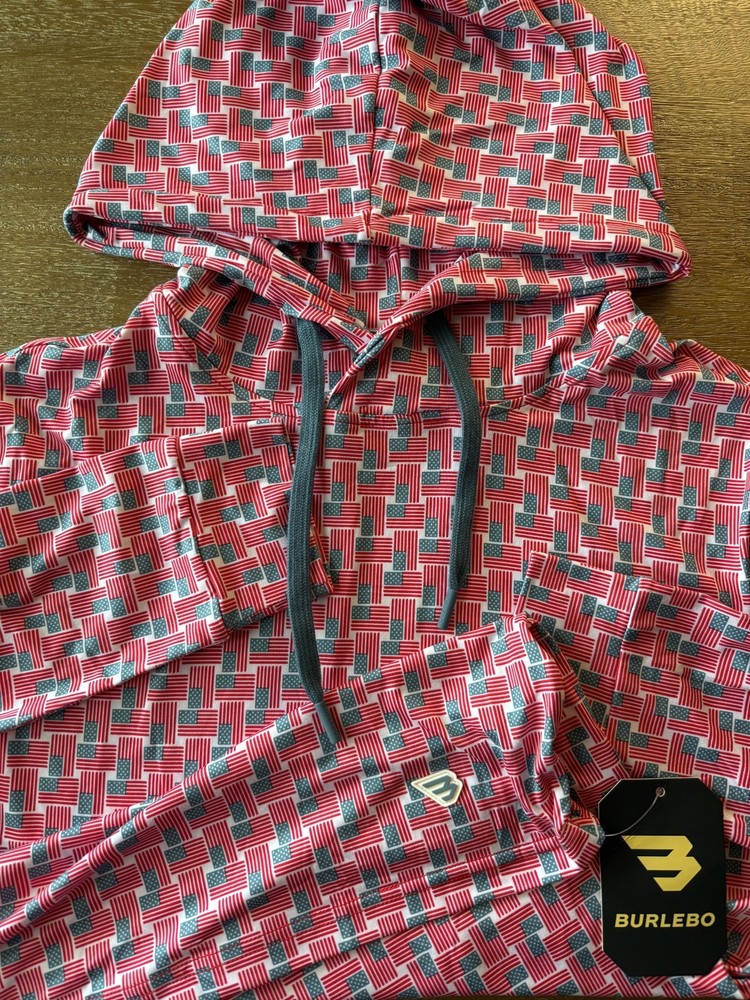 NWT Burlebo Men’s Performance Hoodie USA Flags AOP Men’s UPF 50 Golf Small