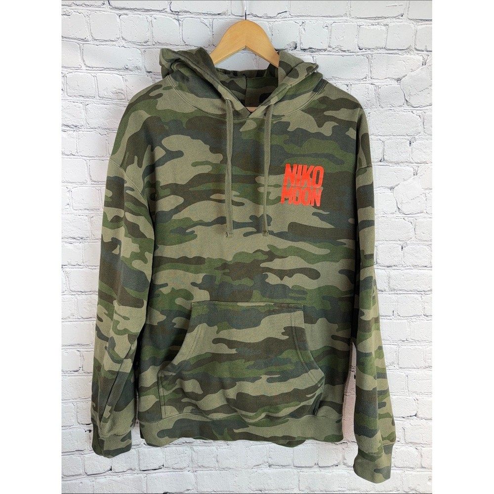 NIKO MOON Camo Pullover Hoodie Olive Green Orange Logo Sweatshirt