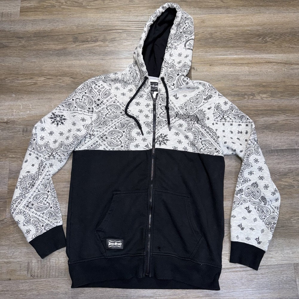 Dogg Supply Bandana Print Zip-Front Hoodie Mens S Black White Paisley Pattern
