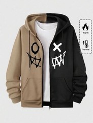 Men’s Two Tone Graphic Zip Hoodie Drawstring Casual Streetwear Sweatshirt
