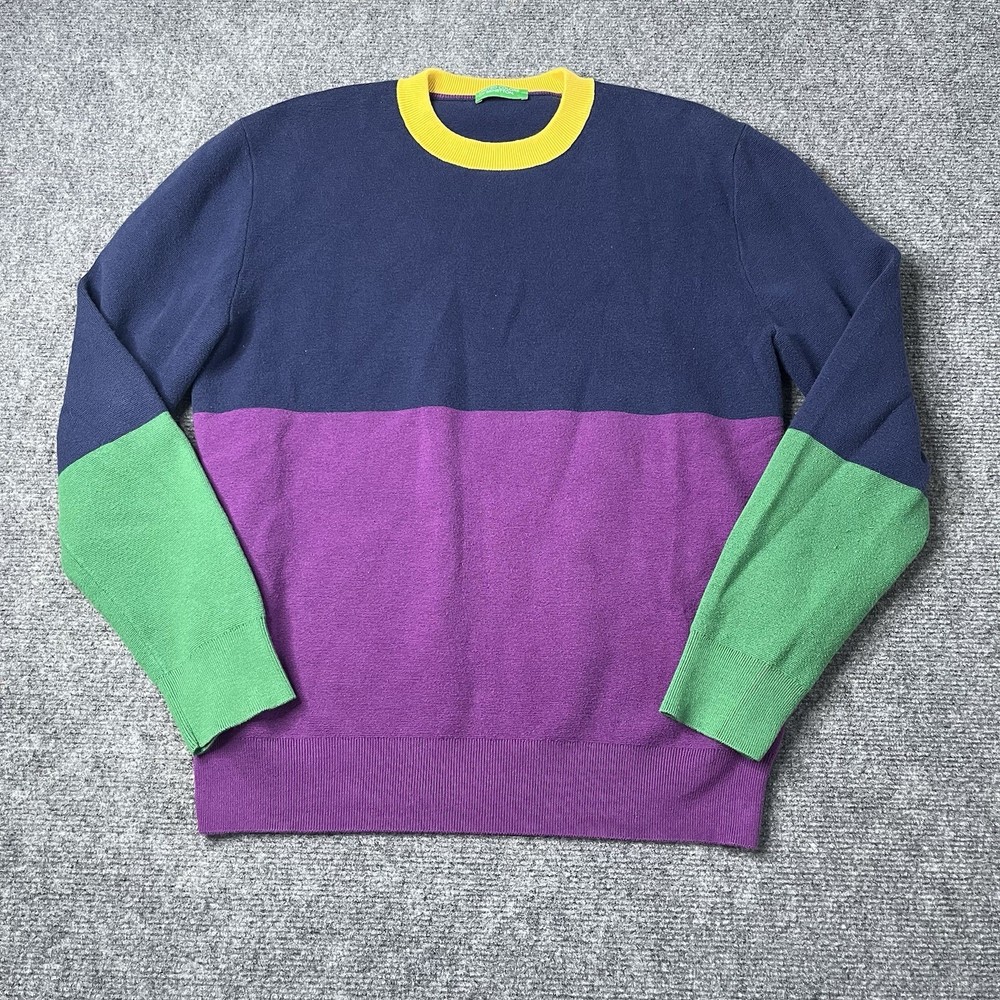 United Colors Of Benetton Sweater Green Crewneck Sweatshirt Colorblock Mens M
