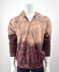 Key Closet Burgundy Full Zip Y2K Tie Dye Distressed Graphic Hoodie LG Dead Stock