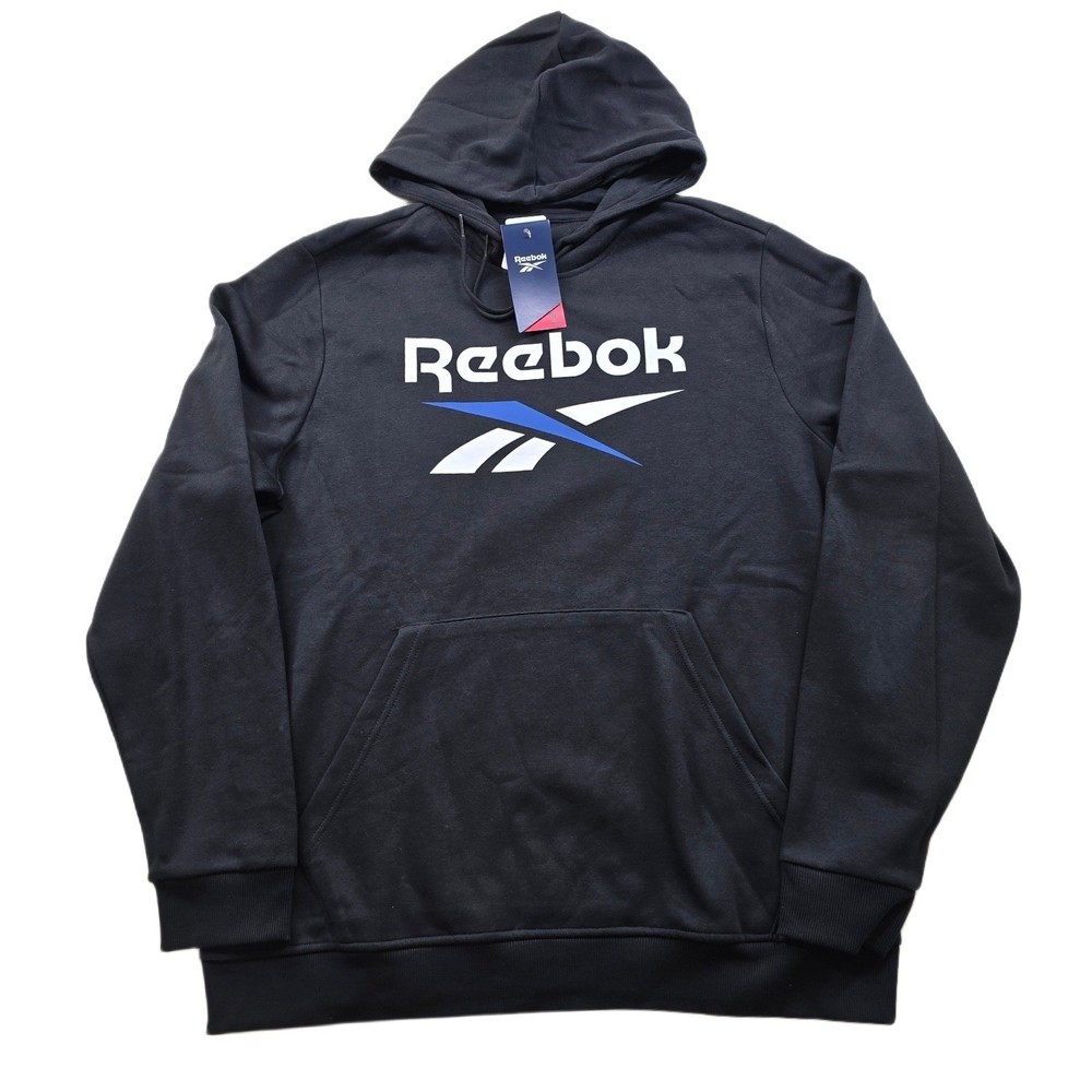 Reebok Identity Fleece Hoodie Mens Medium Black Classic Fit Stacked Logo NEW