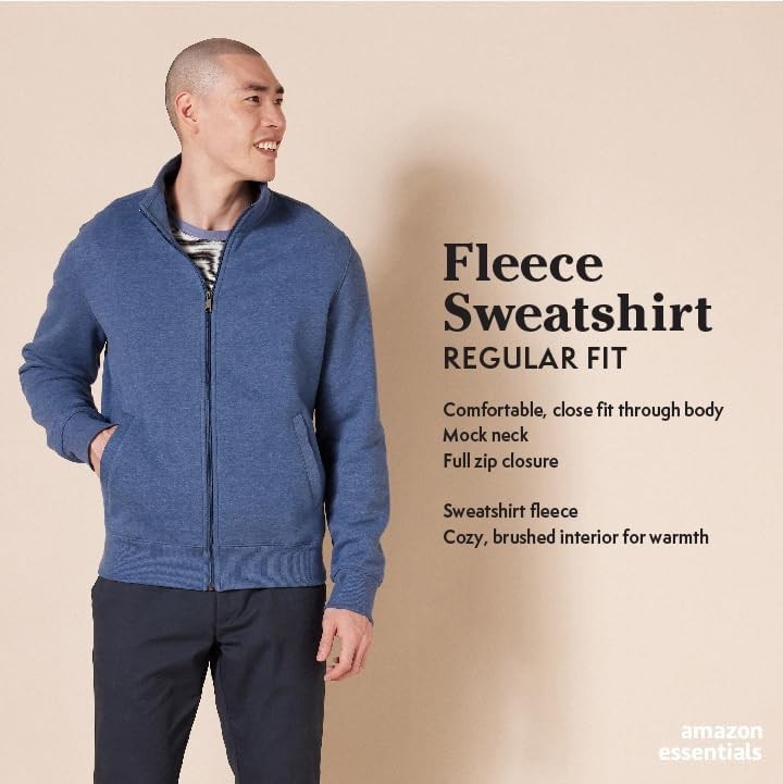 AMAZON ESSENTIALS MEN’S FLEECE ZIP UP MOCK NECK SWEATSHIRT, – LIGHT GRAY
