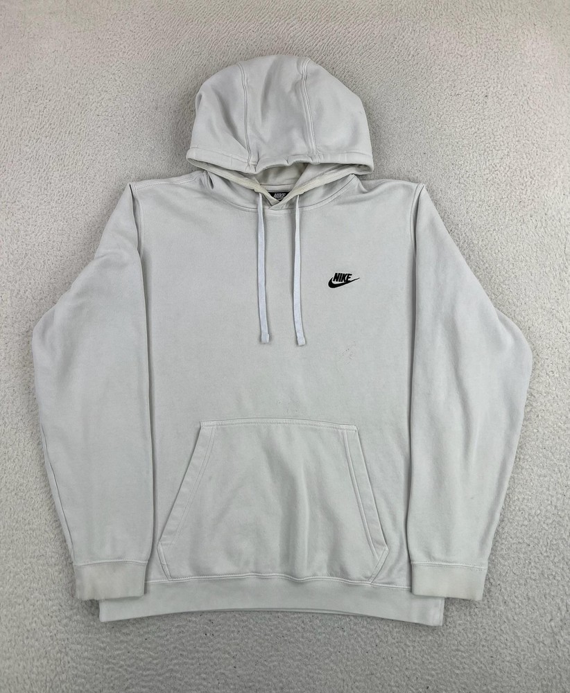 Nike Hoodie Mens Large White Fleece Pullover Swoosh Logo Kangaroo Sweatshirt