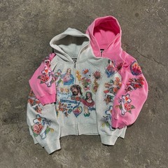 Unisex Adults L Cotton Fleece Full Zip Hooded Jesus Graphic Print Pink Hoodie