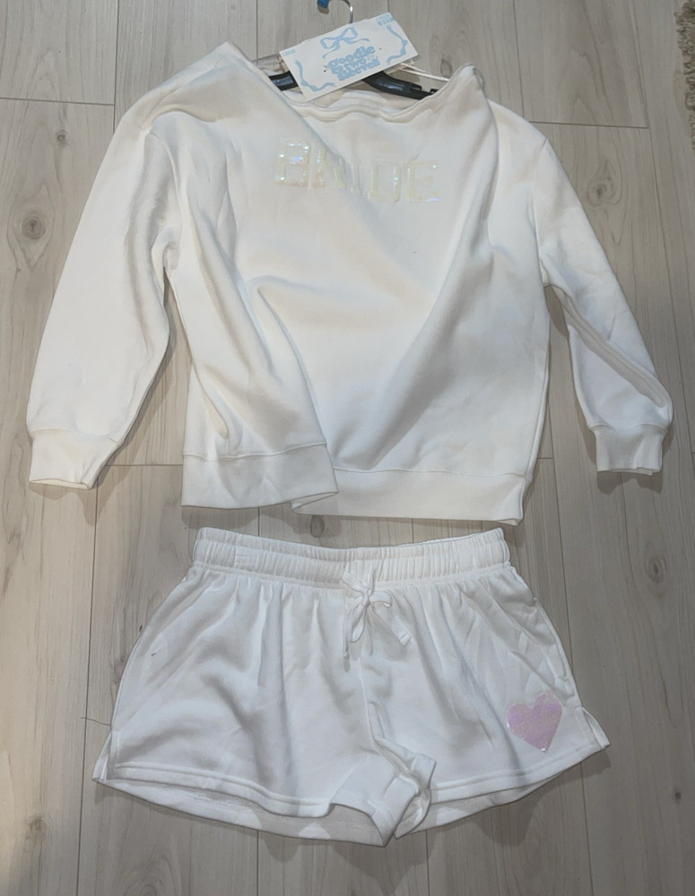 Goodie Two Sleeves For the Bride White sequin Sweatshirt &Shorts set sz L NEW