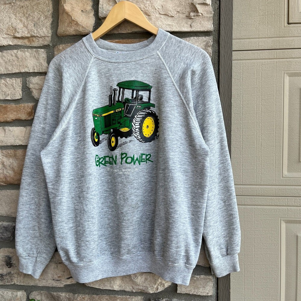 Vintage 80s 1989 John Deere Sweatshirt Green Power Made in USA Gray XL