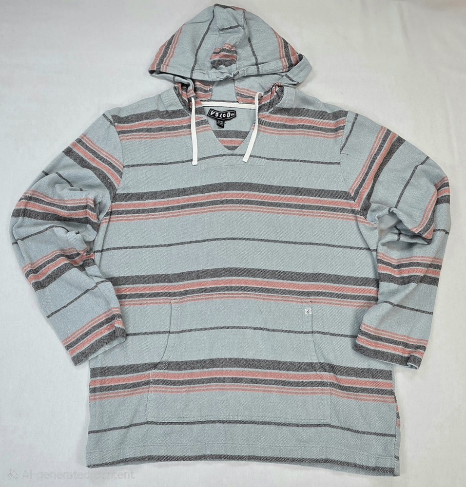 Volcom Baja Hoodie Mens XL Blue Coral Striped Woven Cotton Pullover Poncho