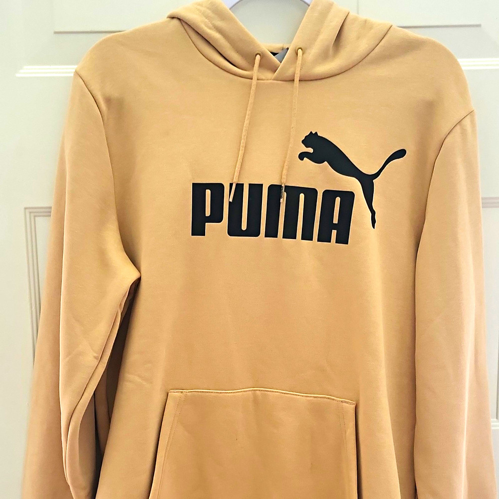 PUMA Men’s Beige Cotton Fleece Pullover Hoodie Logo Pocket Size M