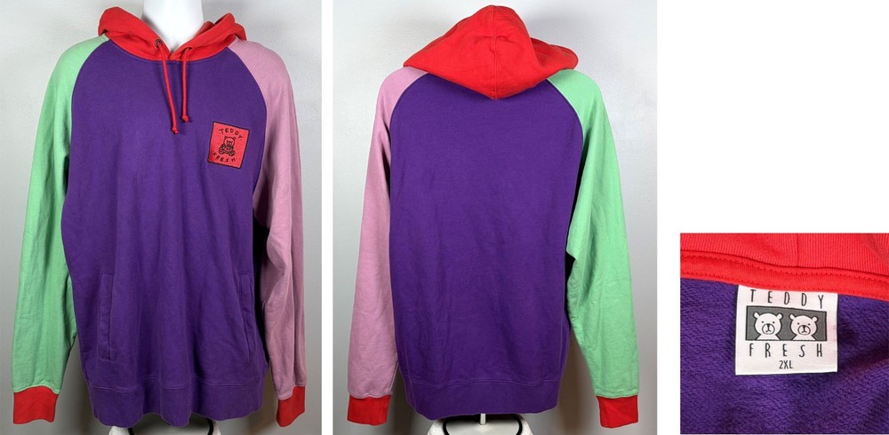 Teddy Fresh Purple Green Red Pullover Hoodie Open Pockets Drawstring Embroidered