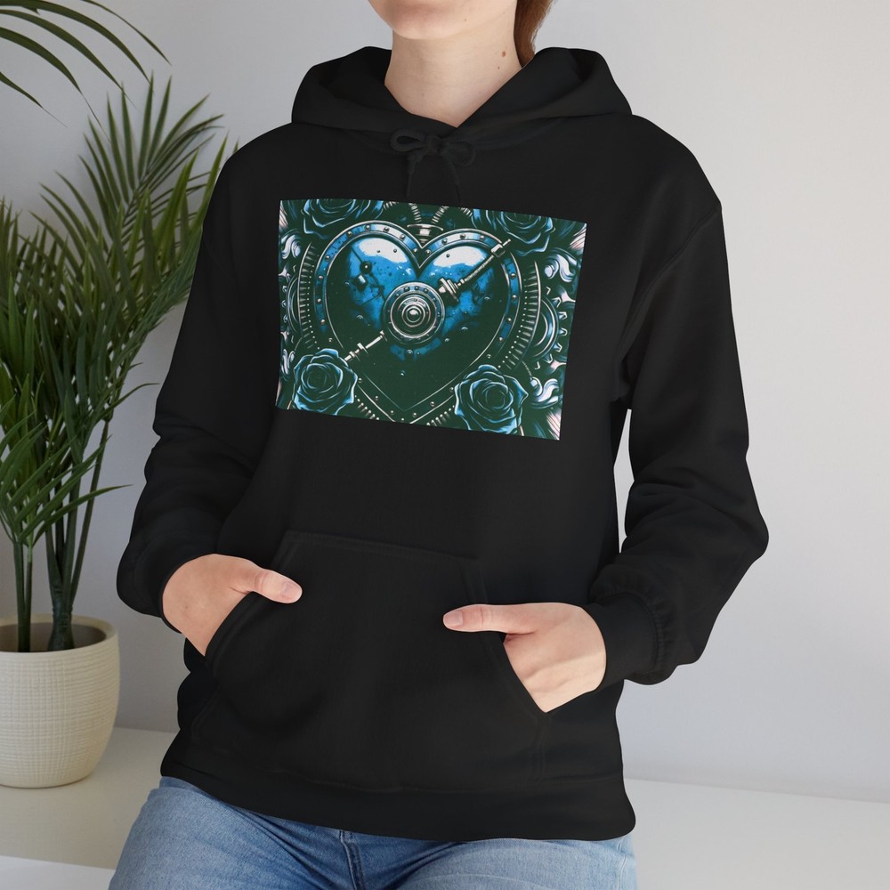 Steampunk Locked Heart Hoodie Teal Roses Gear Key Filigree Gothic Pullover