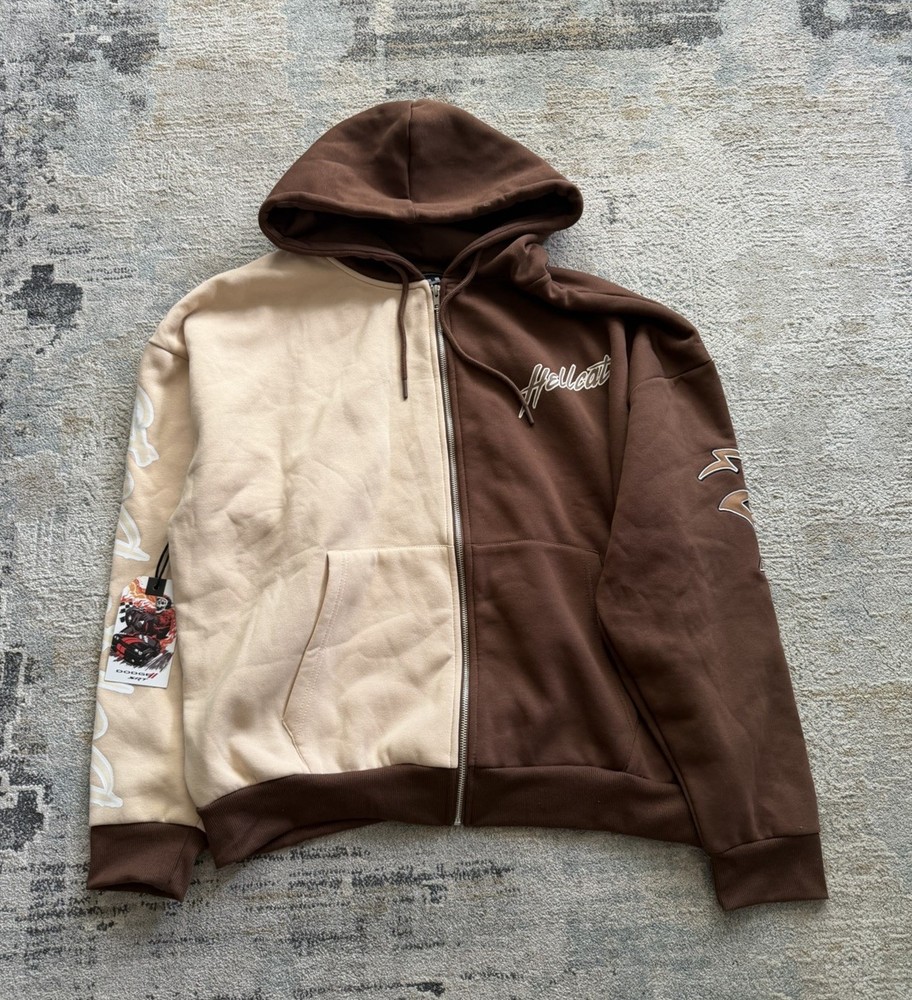 Dodge x Reason Men’s Colorblock Full Zip Hooded Hoodie Brown/Beige XL
