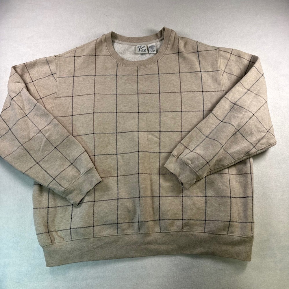 Field Gear Mens XL Crewneck Sweatshirt Tan Windowpane Grid Cotton Blend Pullover