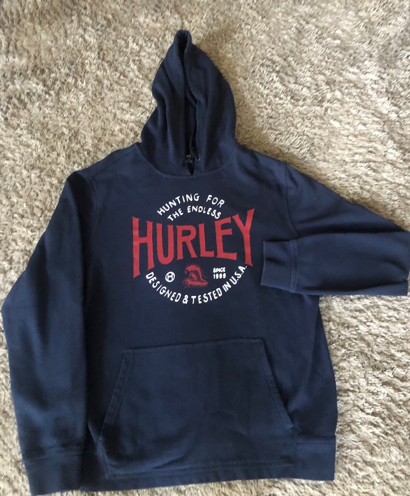 Hurley Hoodie Mens Large Navy Blue Red White Graphic Sweatshirt Fleece Lined