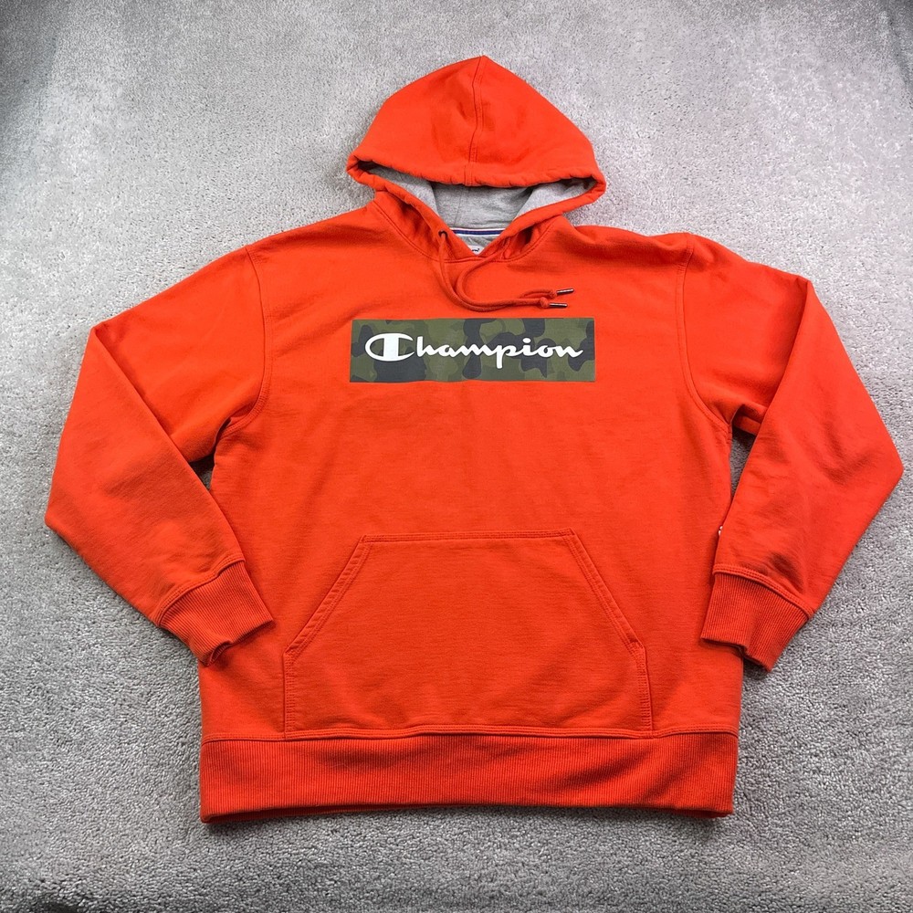 Champion Hoodie Mens Large Orange Camo Box Logo Pullover Athletic Sweatshirt