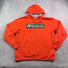 Champion Hoodie Mens Large Orange Camo Box Logo Pullover Athletic Sweatshirt