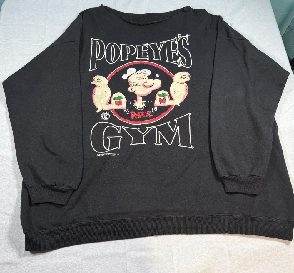 VTG 1993 Popeye’s Gym Sweatshirt – Distressed Cut Collar 2XL SEE DESCRIPTION