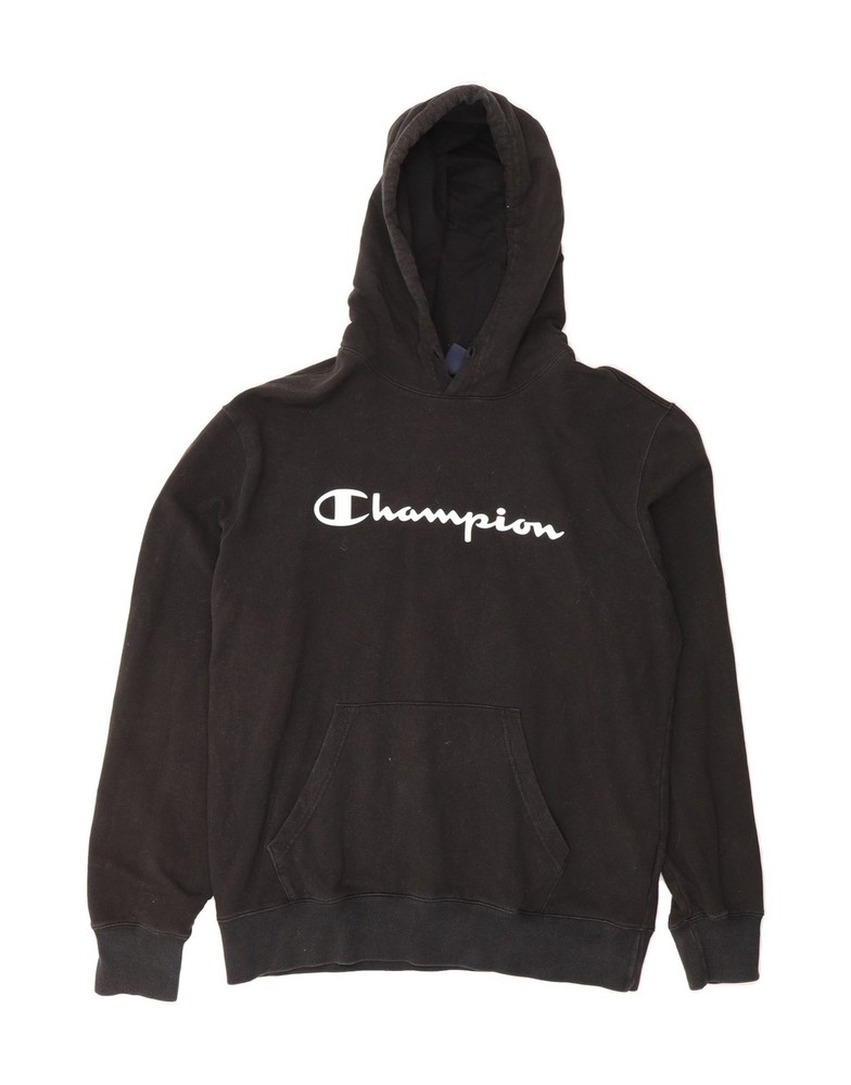 CHAMPION Mens Graphic Hoodie Jumper Large Black Cotton QJ01