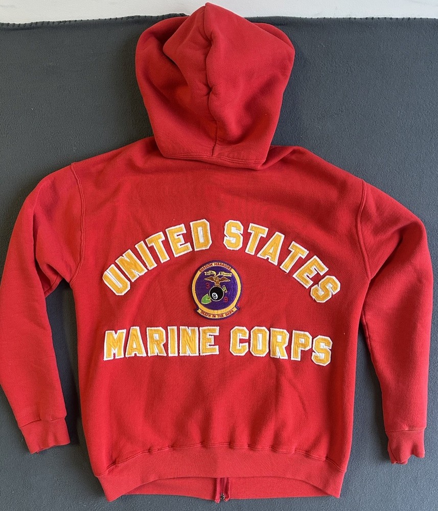 Vintage Russell Athletic Red Zip Up Hoodie XL USMC Embroidered Vietnam Era War