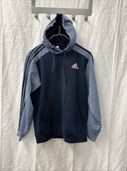 adidas Mens Small Cotton Blend Hoodie Blue Striped Sleeves Front Pocket