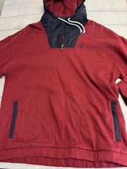 Nautica Hoodie Mens 2XL Red Navy Quarter Zip Pullover Sweatshirt Logo Pockets