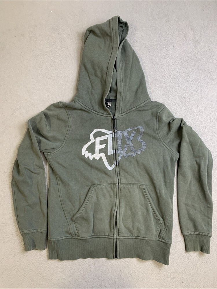 Fox Hoodie Mens M Green Pullover Sweatshirt Full Zip Front Pockets RN 97275