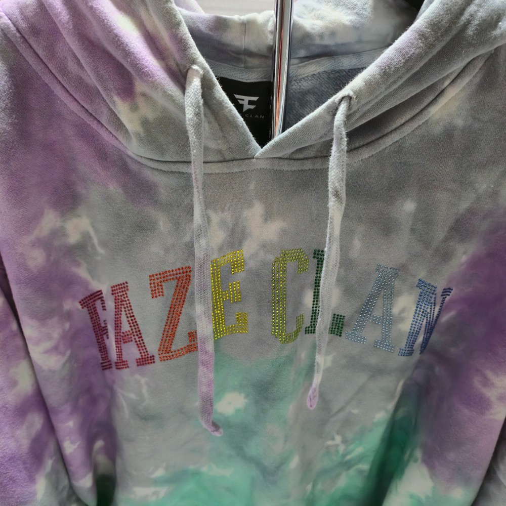 FaZe Clan Men’s Rhinestone Logo Tie Dye Hoodie Sweatshirt Purple Green 2XL