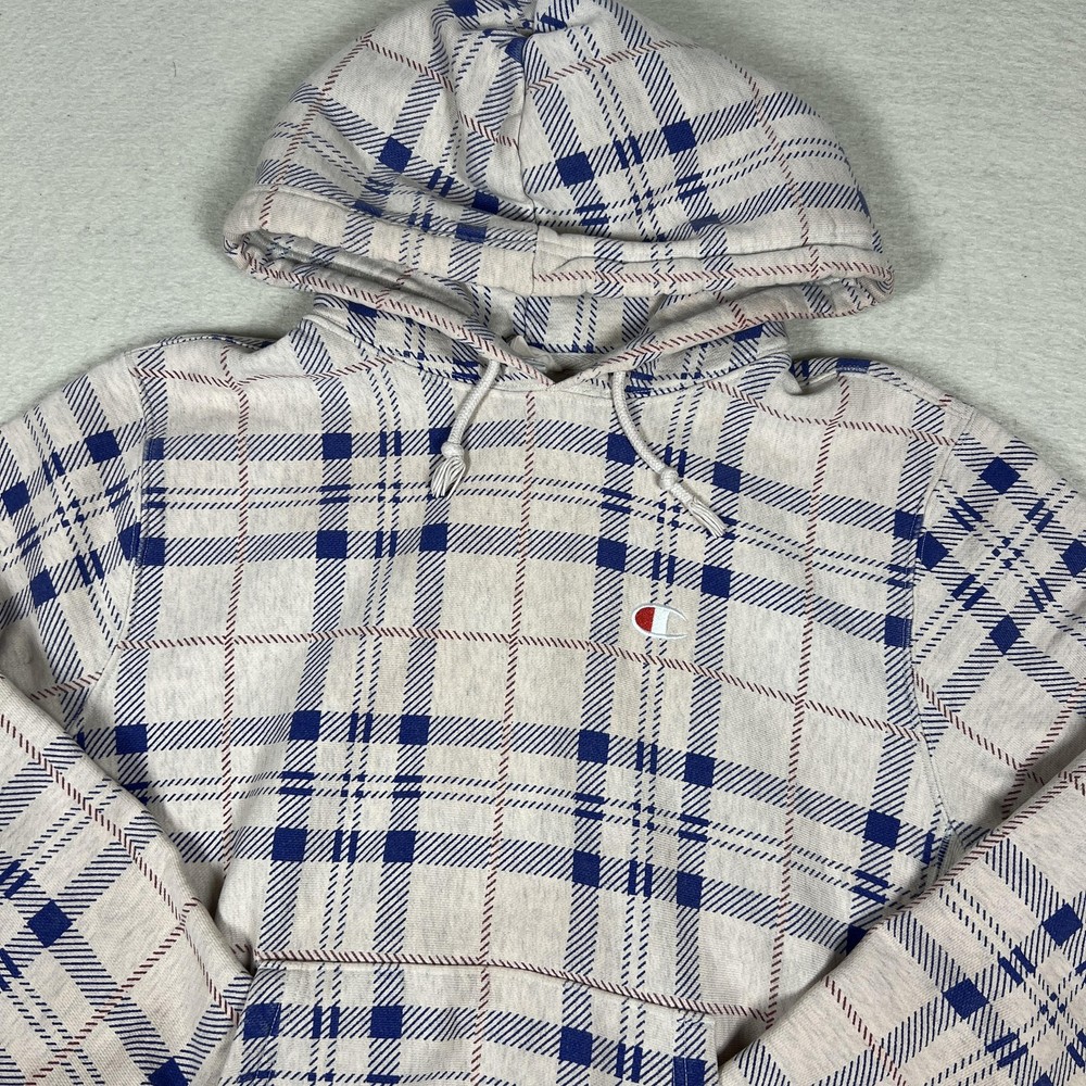 Champion Reverse Weave Hoodie Mens M Light Pink Blue Plaid Fleece Pullover Logo