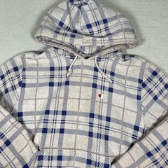 Champion Reverse Weave Hoodie Mens M Light Pink Blue Plaid Fleece Pullover Logo